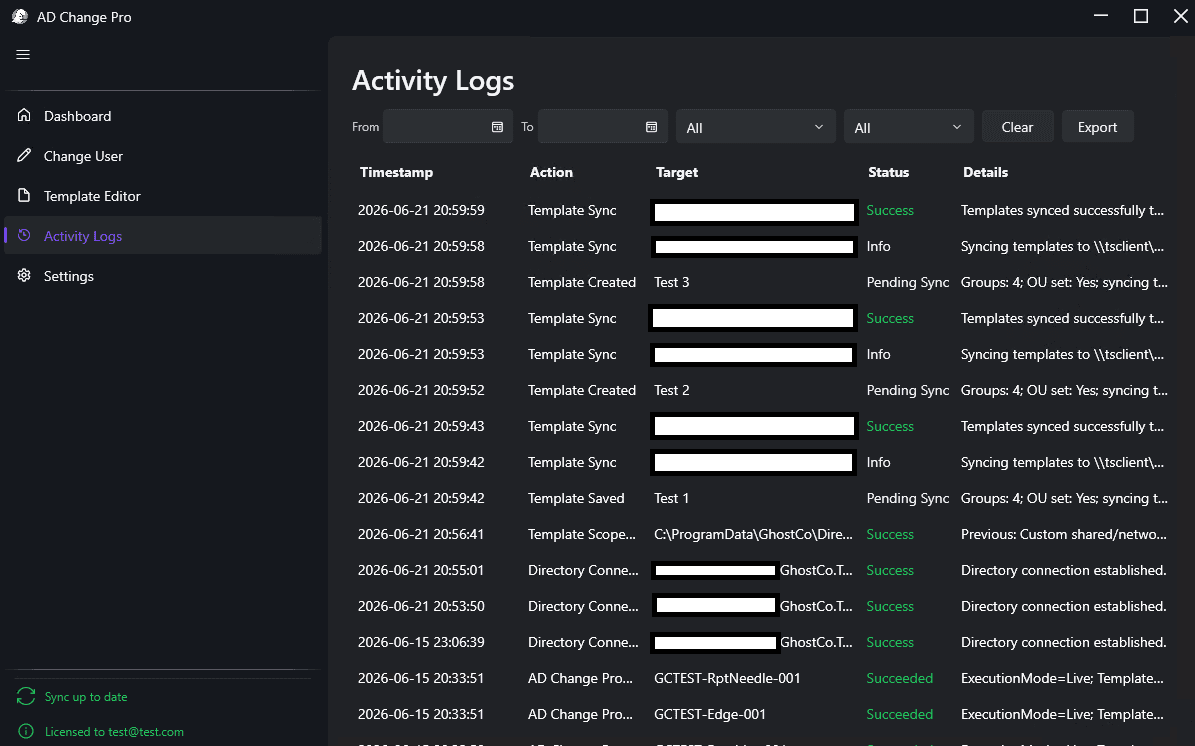 AD Change Pro activity log and execution results