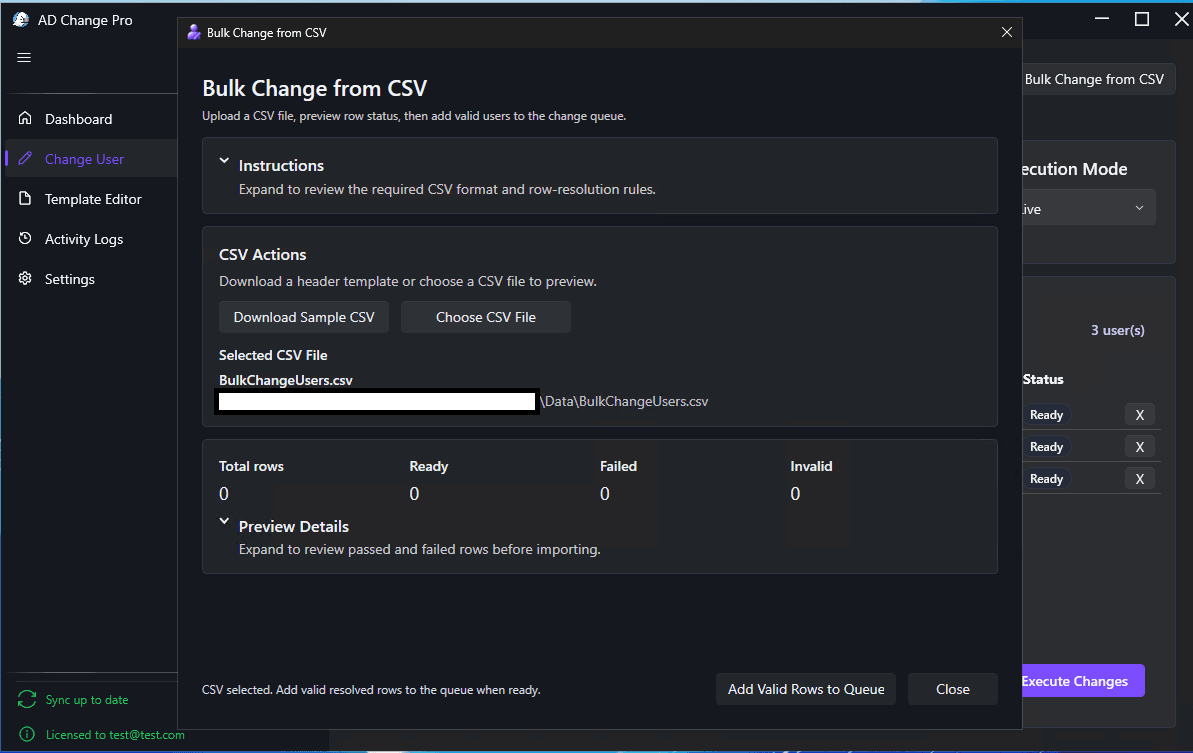 AD Change Pro bulk CSV import and row preview