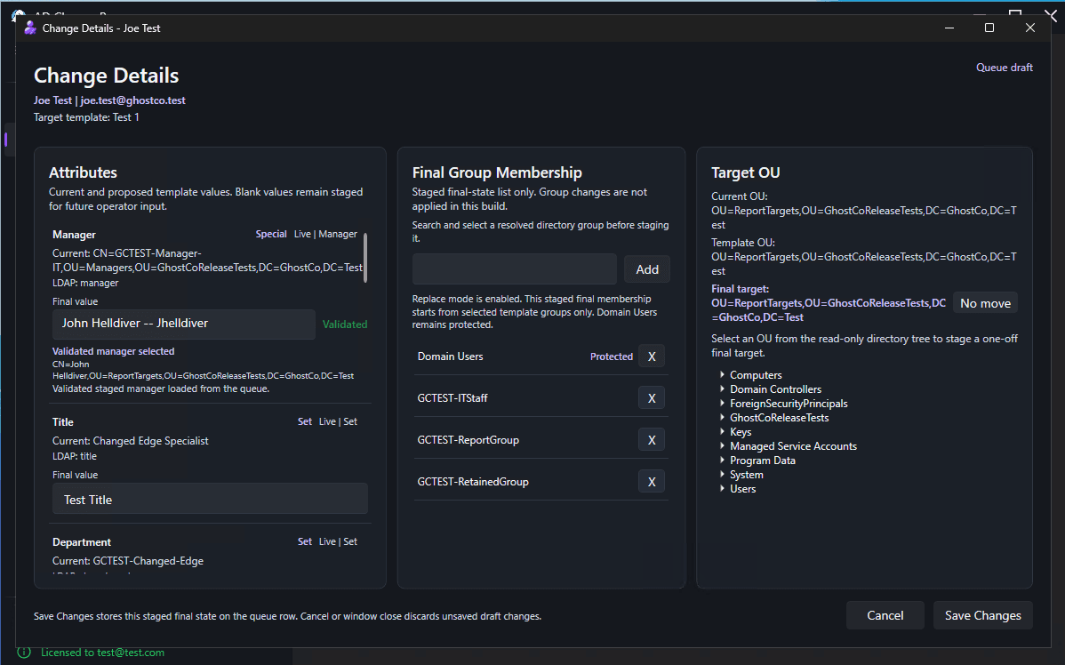 AD Change Pro staged change details for an existing Active Directory user