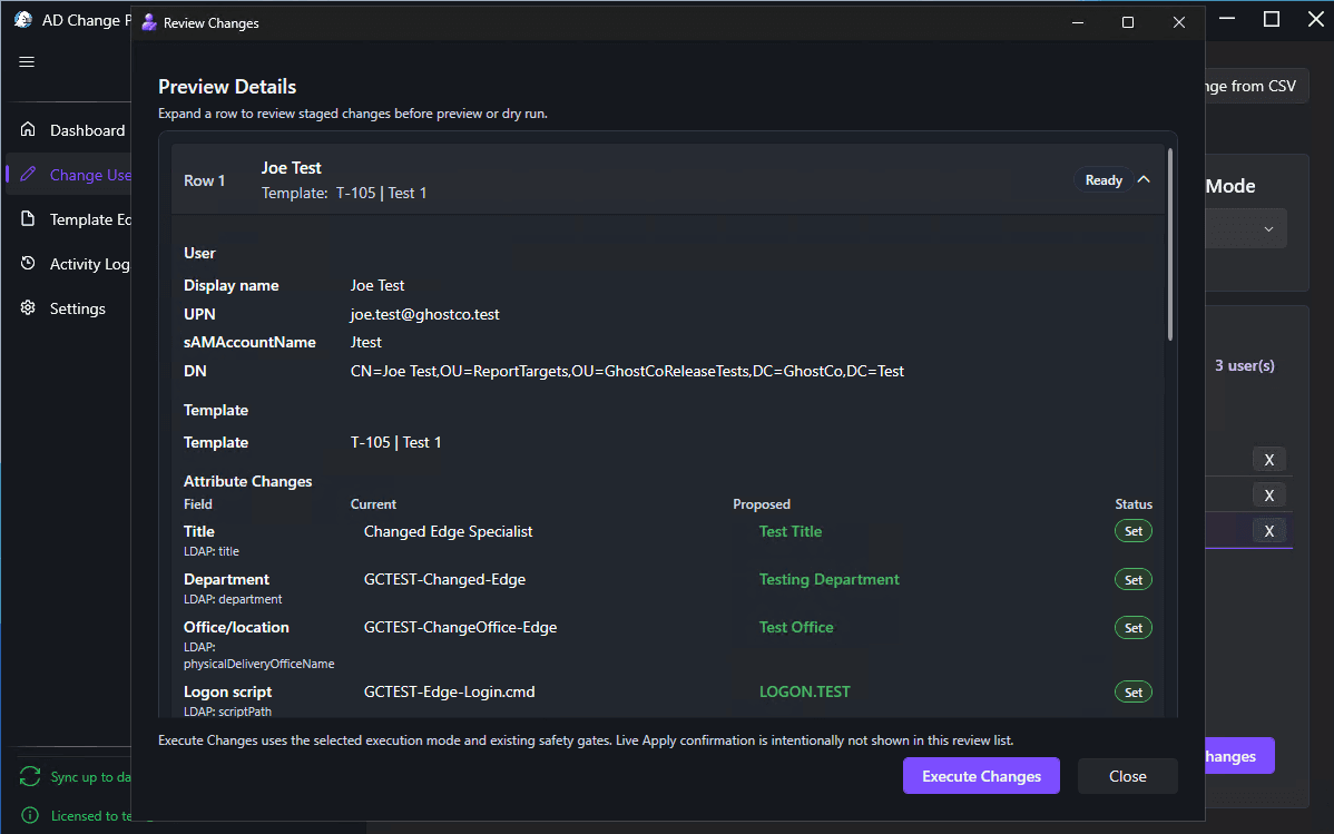 AD Change Pro review of proposed user attribute, group, manager, and OU changes