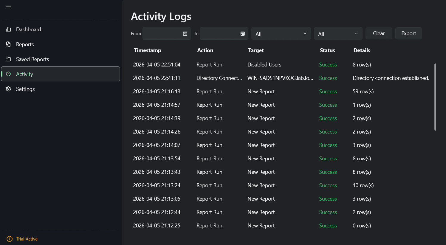 AD Report Pro activity logs