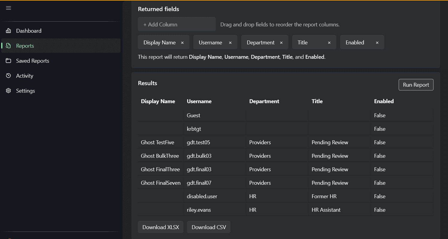 AD Report Pro results grid