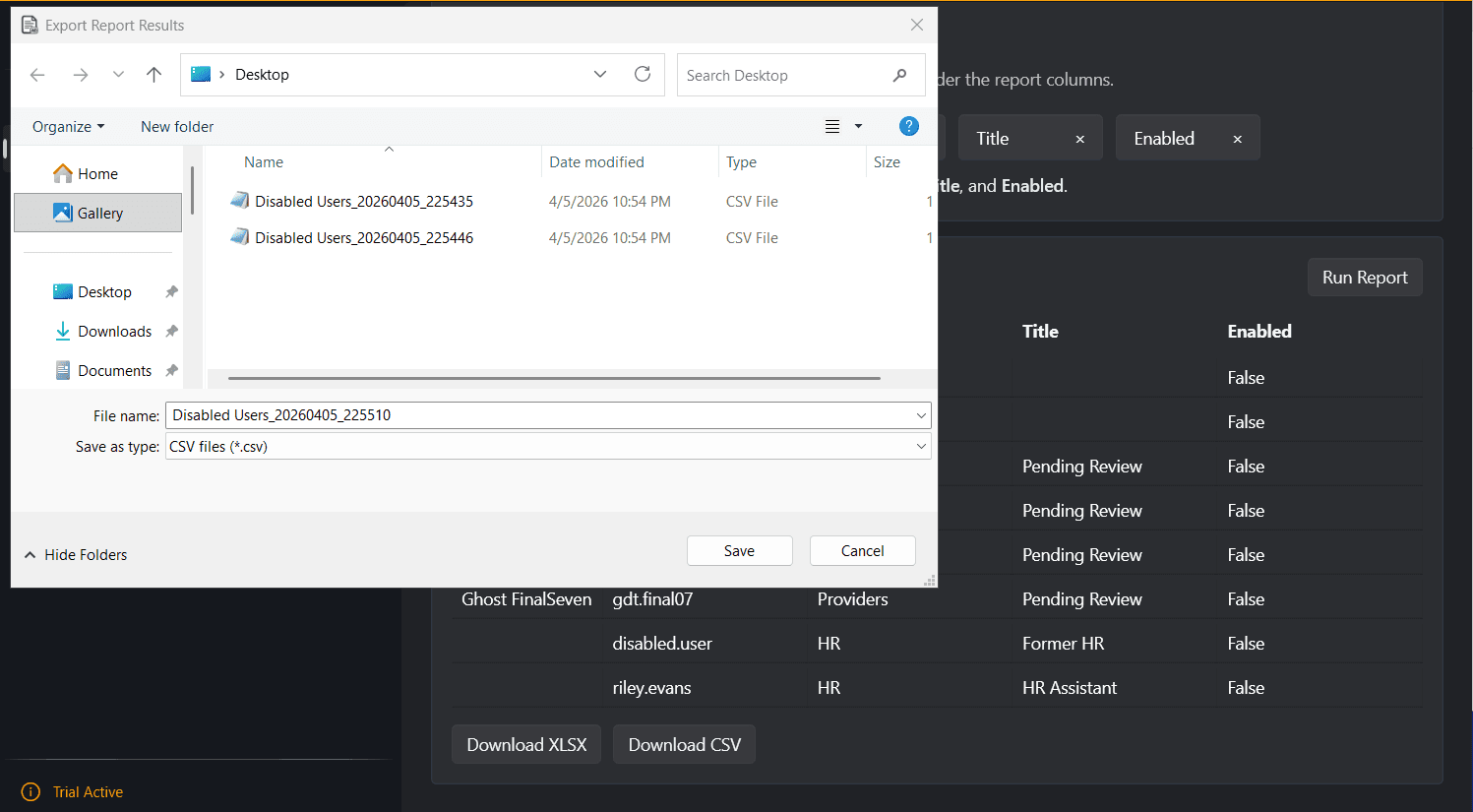 AD Report Pro returned fields and export actions