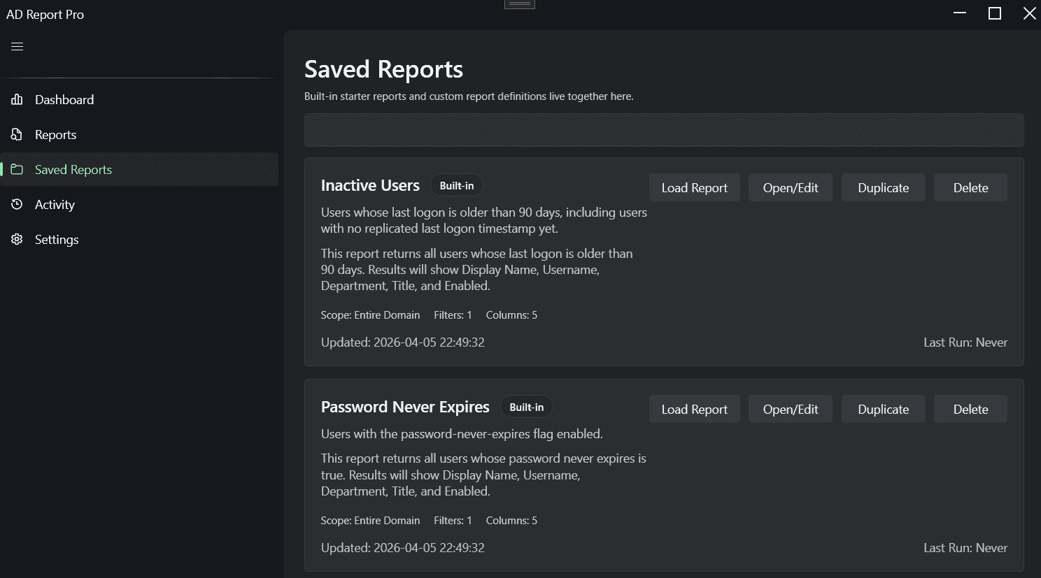 AD Report Pro saved reports page