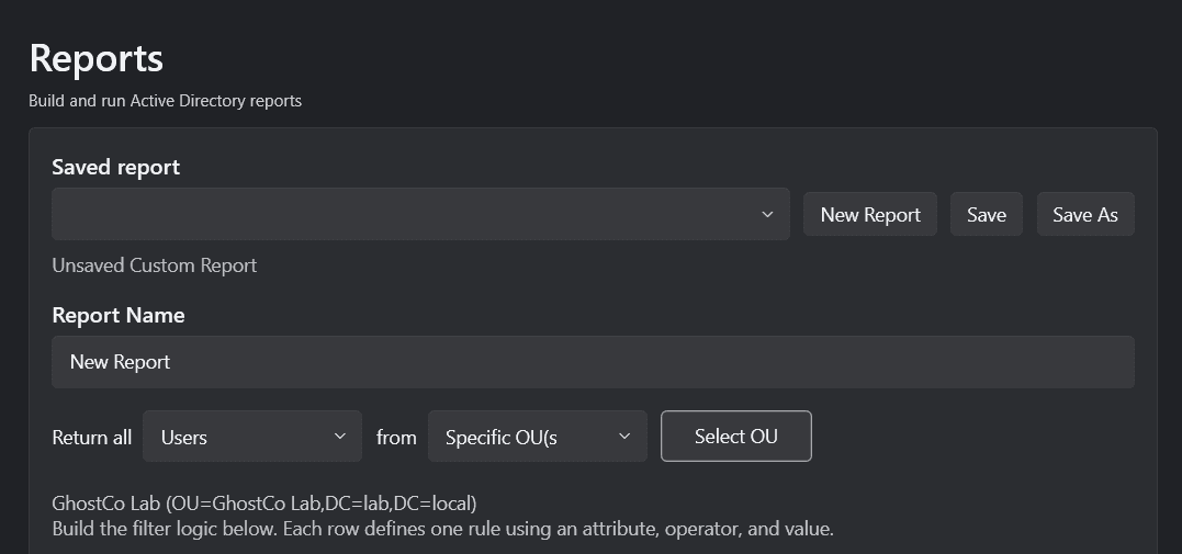 AD Report Pro OU scope picker