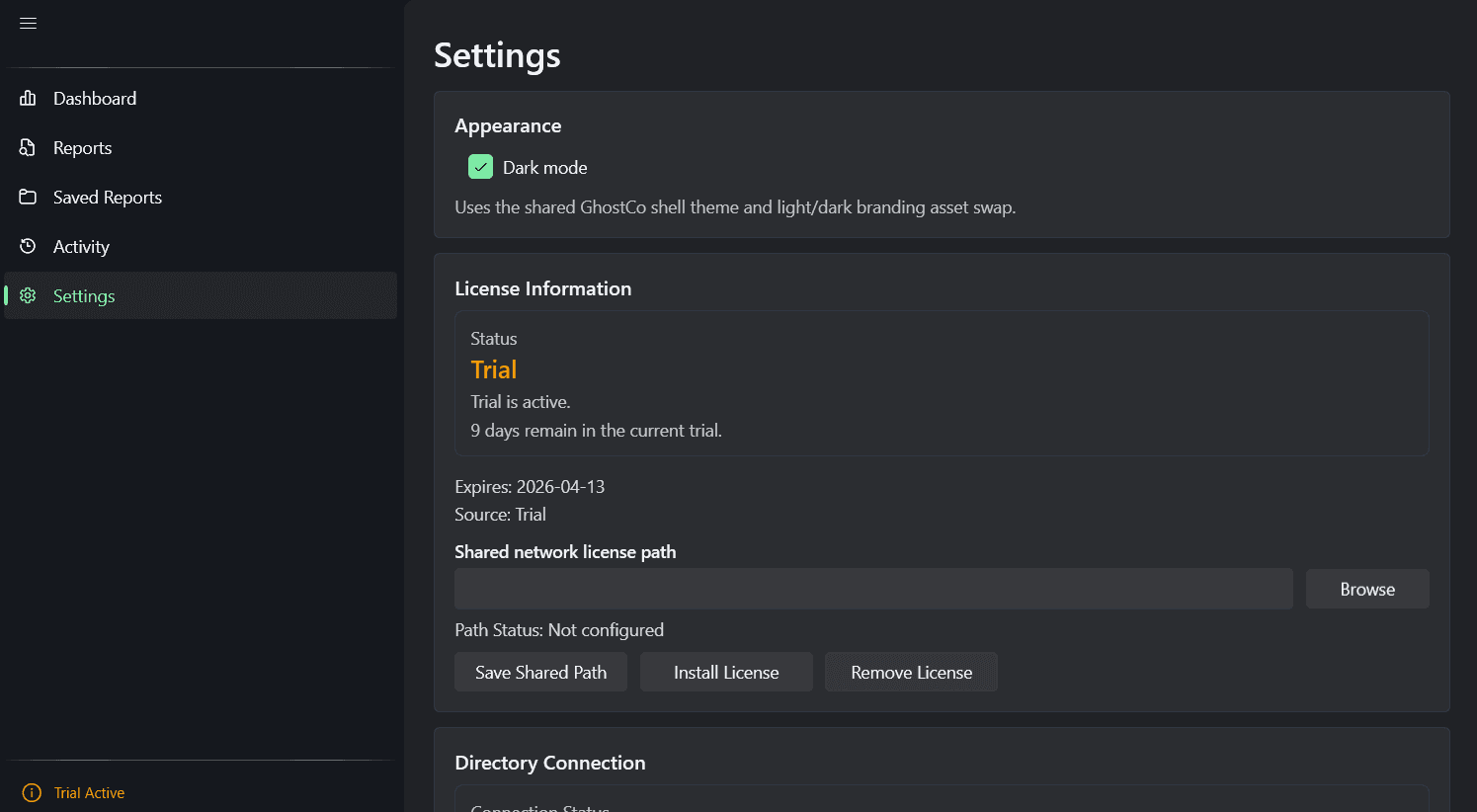 AD Report Pro settings page