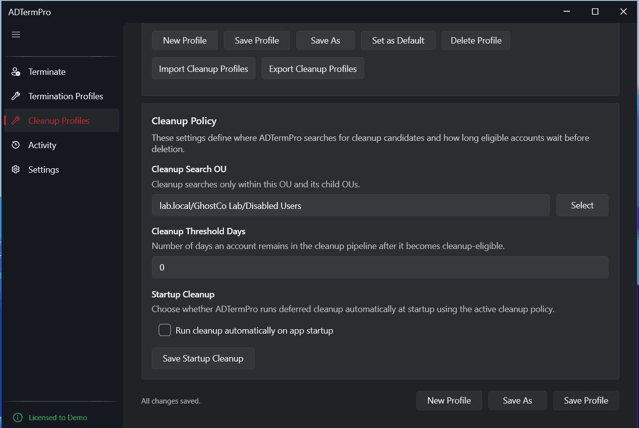 AD Term Pro cleanup configuration page