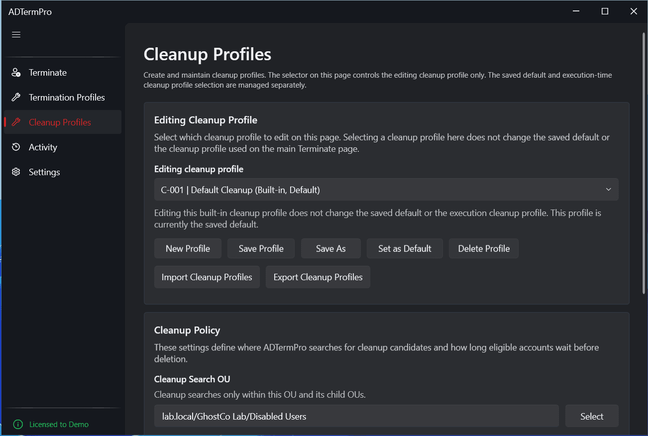 AD Term Pro cleanup profiles page