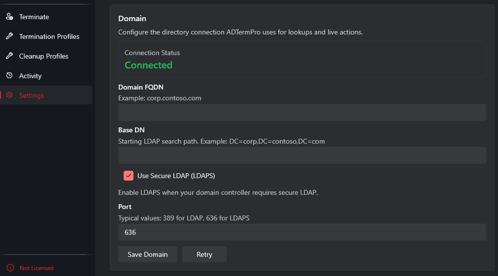 AD Term Pro domain configuration screen