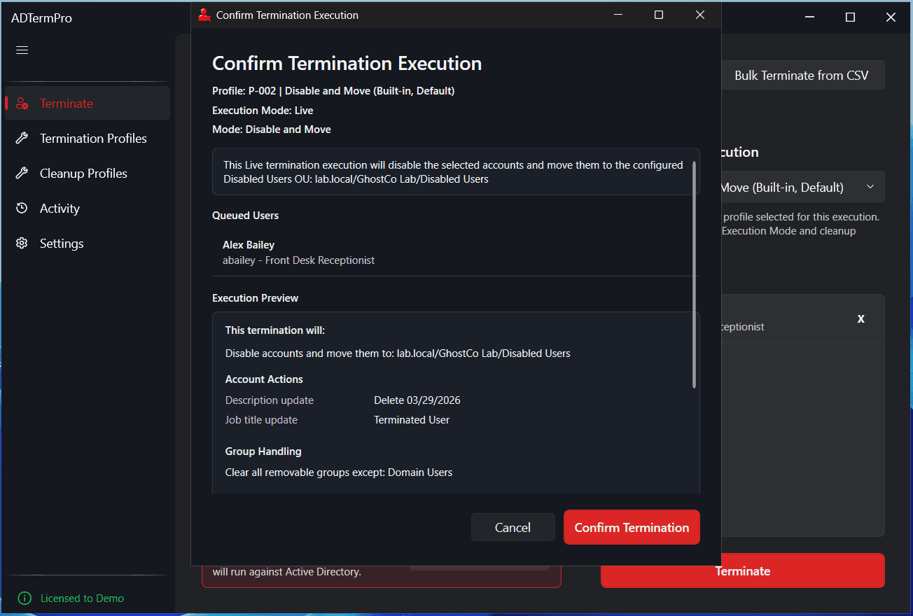 AD Term Pro termination execution page