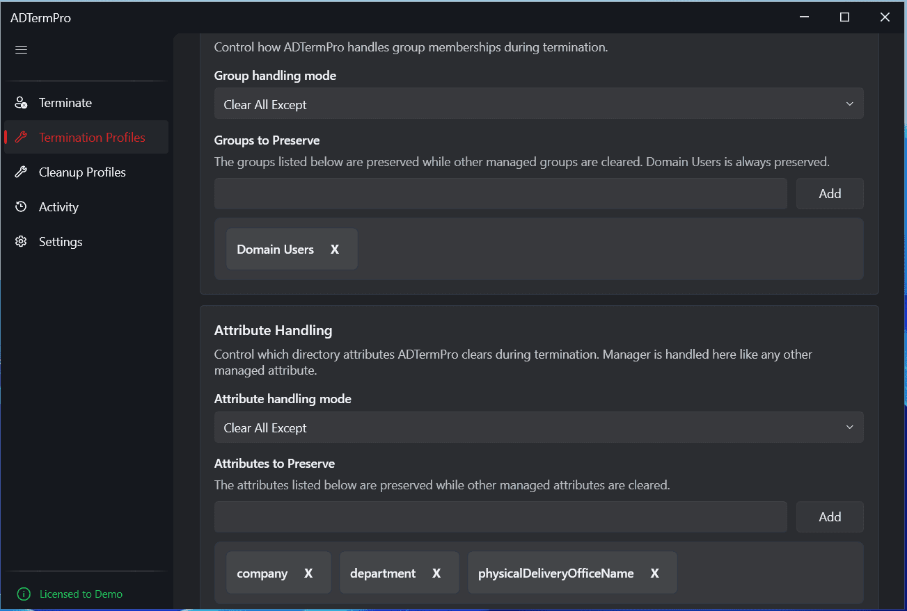 AD Term Pro group handling page