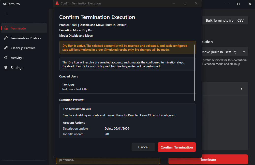 AD Term Pro termination execution and confirmation