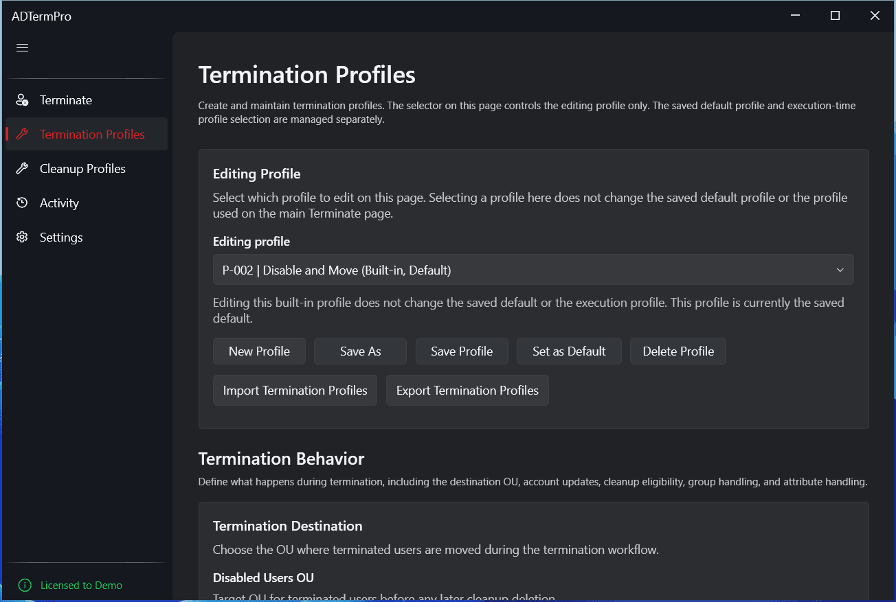 AD Term Pro termination profiles page