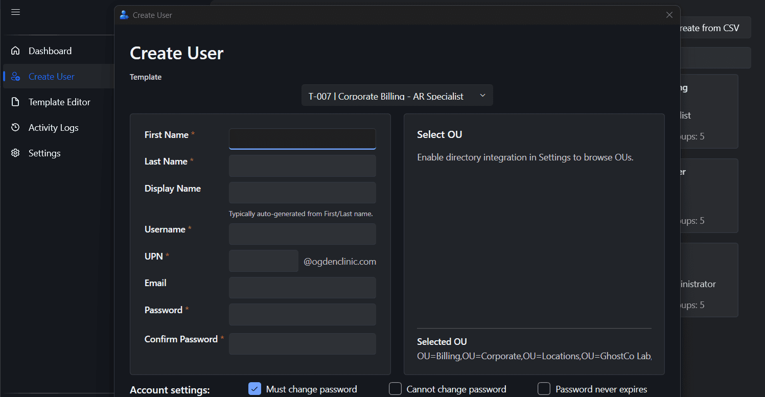 AD User Pro create user workflow
