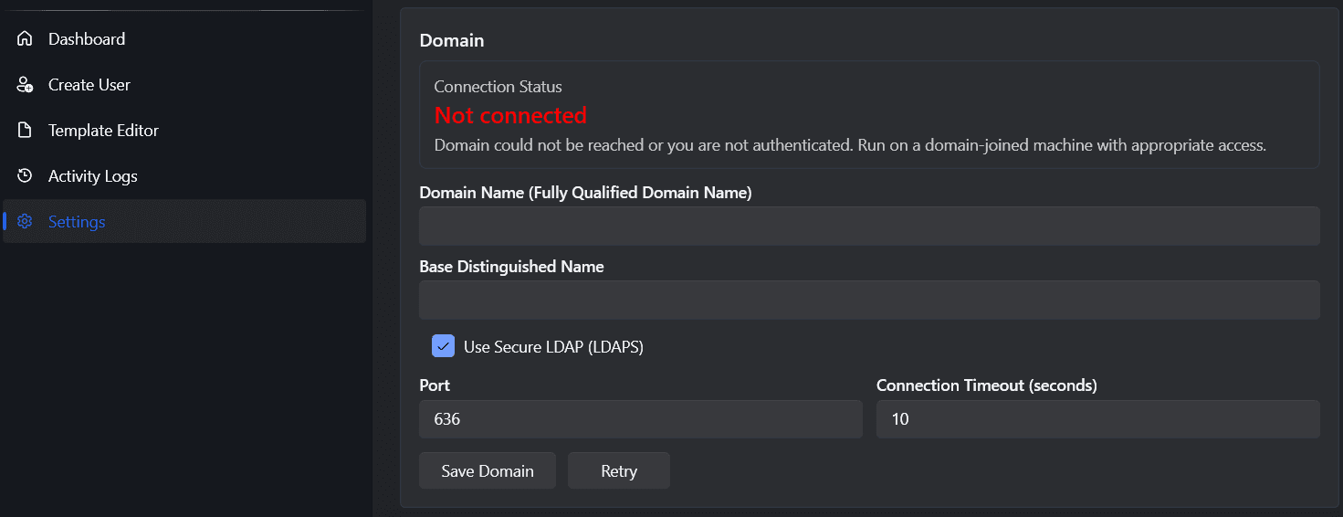 AD User Pro domain configuration screen