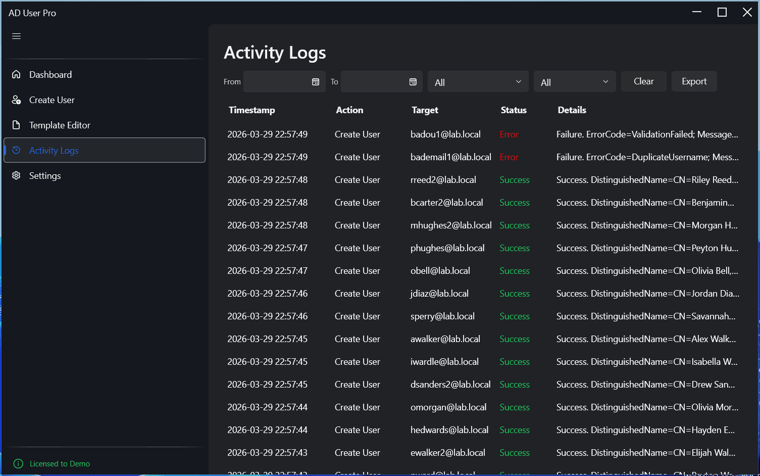AD User Pro activity logs page