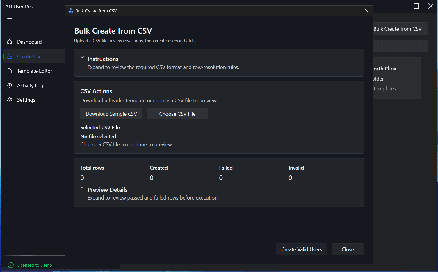 AD User Pro bulk create from CSV page