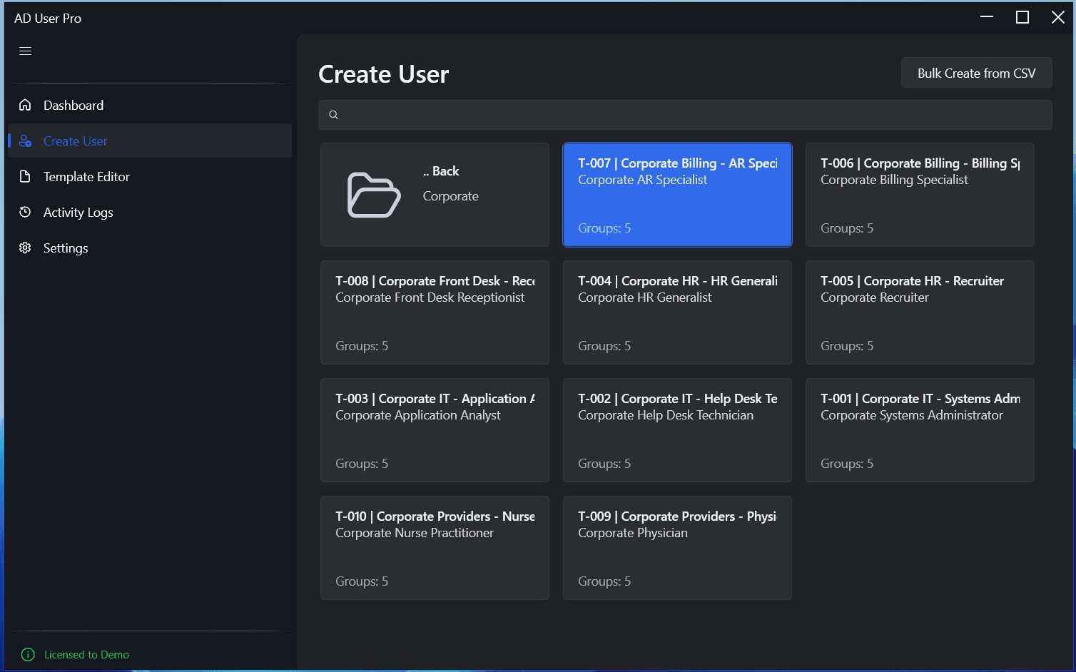 AD User Pro create user page