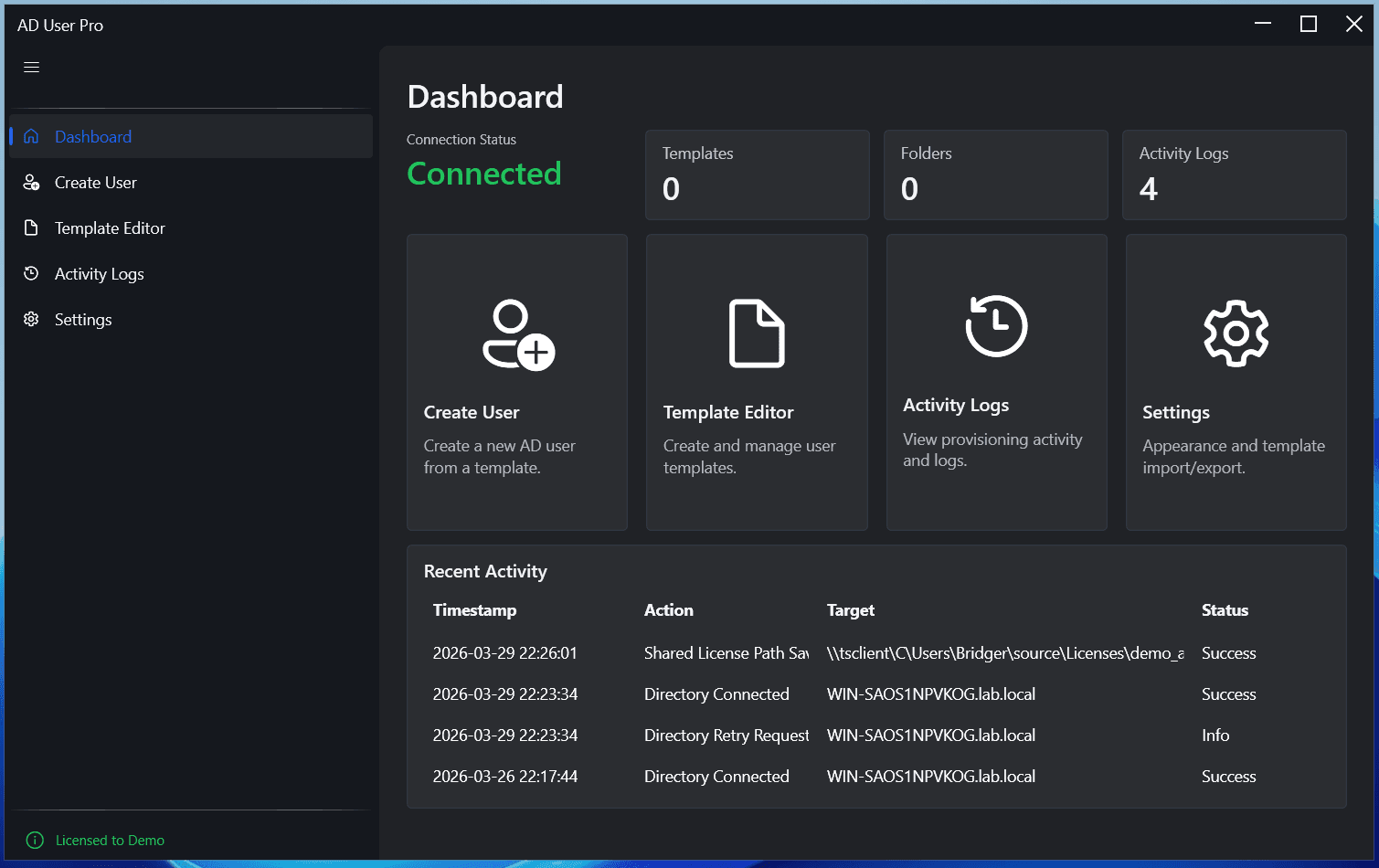 AD User Pro dashboard